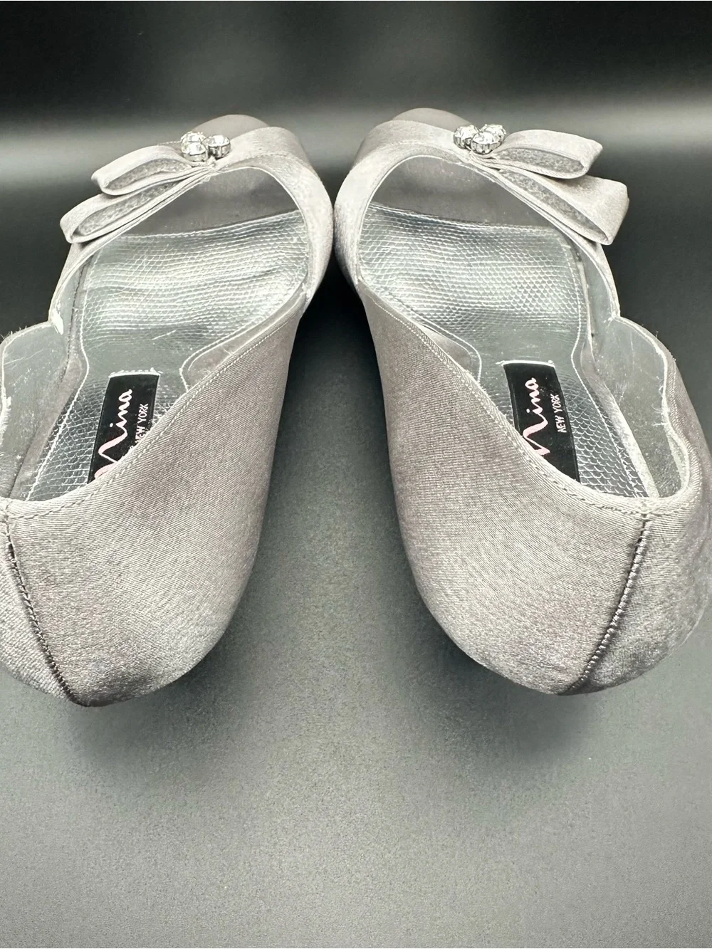 Nina Silver Satin Peep-Toe Flats with Crystal Bow Accent